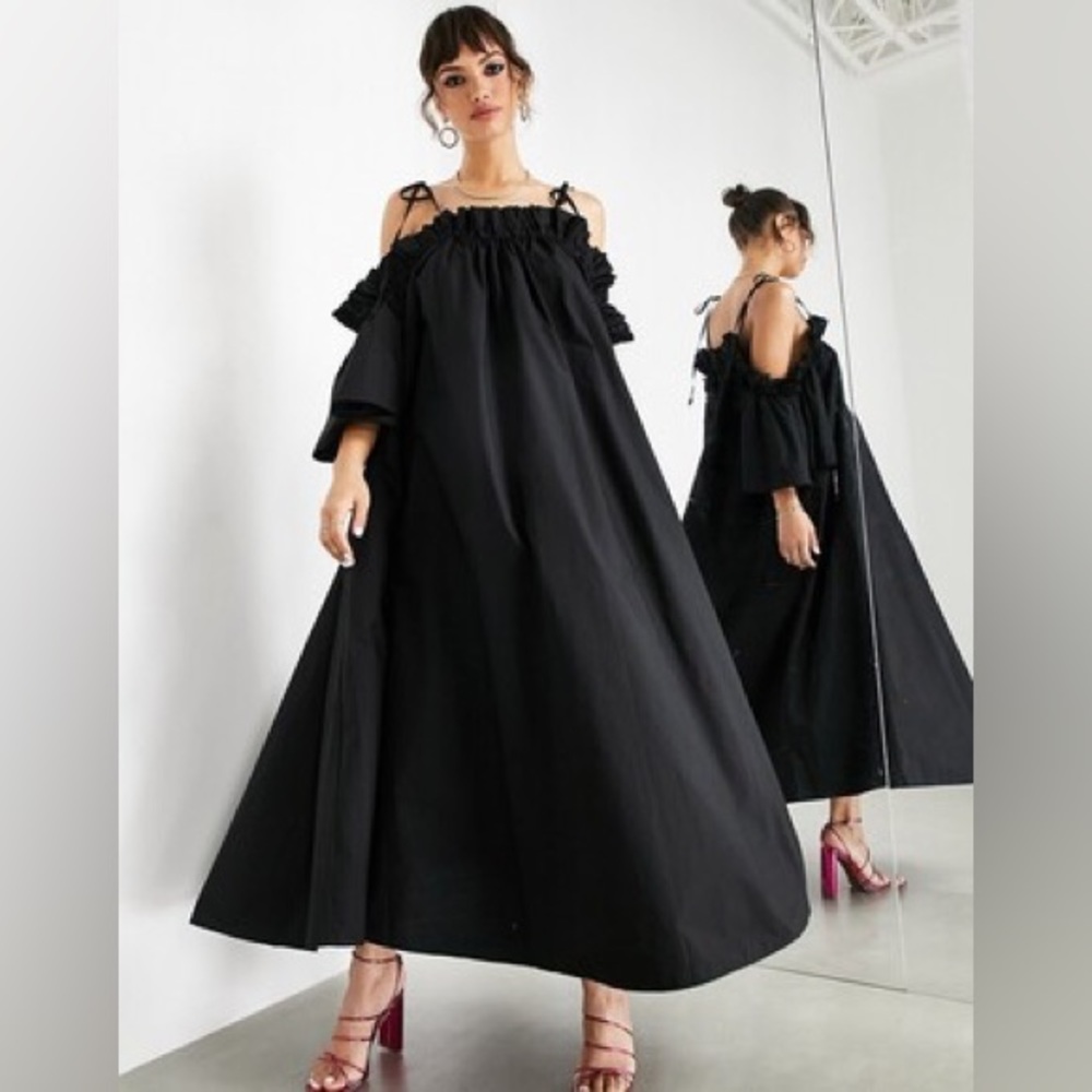 ASOS Edition Cotton MIDI Dress with Ruffle Cold Shoulder